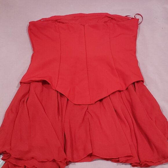 Missguided Red Strapless Satin Top Flowing Layered Chiffon Mini Prom Dress L 38" - Picture 8 of 9